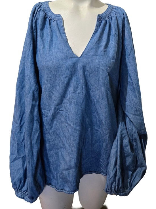 Old Navy Tops - Old Navy Chambray Peasant Blouse Large 100% Cotton Balloon Sleeve Blue